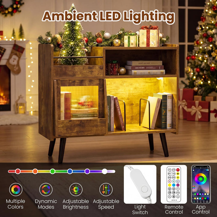 Giantex Large Record Player Stand with LED Light&amp; Sliding Door