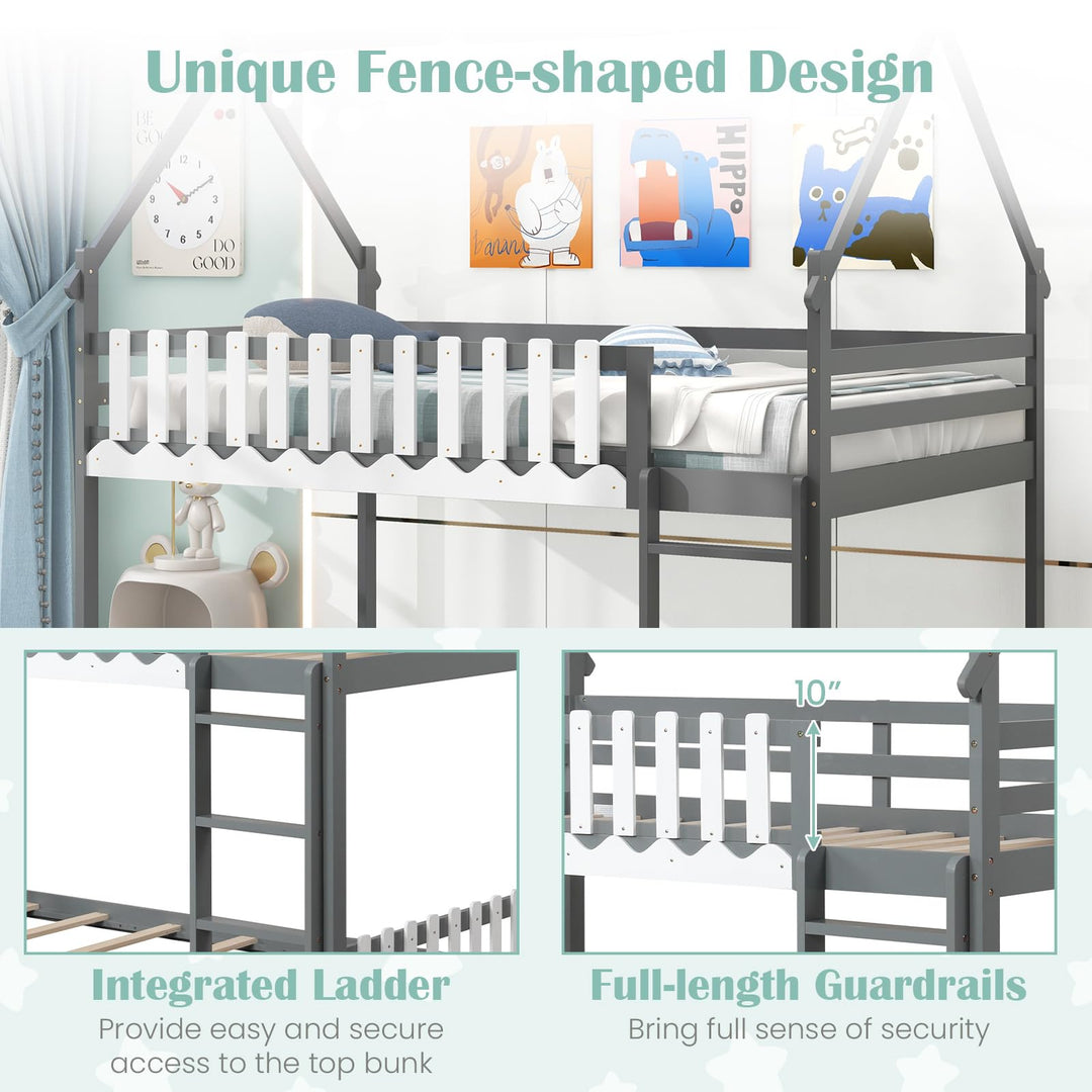 Giantex Bunk Bed Twin Over Twin, Wood House Low Bunk Bed with Ladder & Fence Safety Guardrail