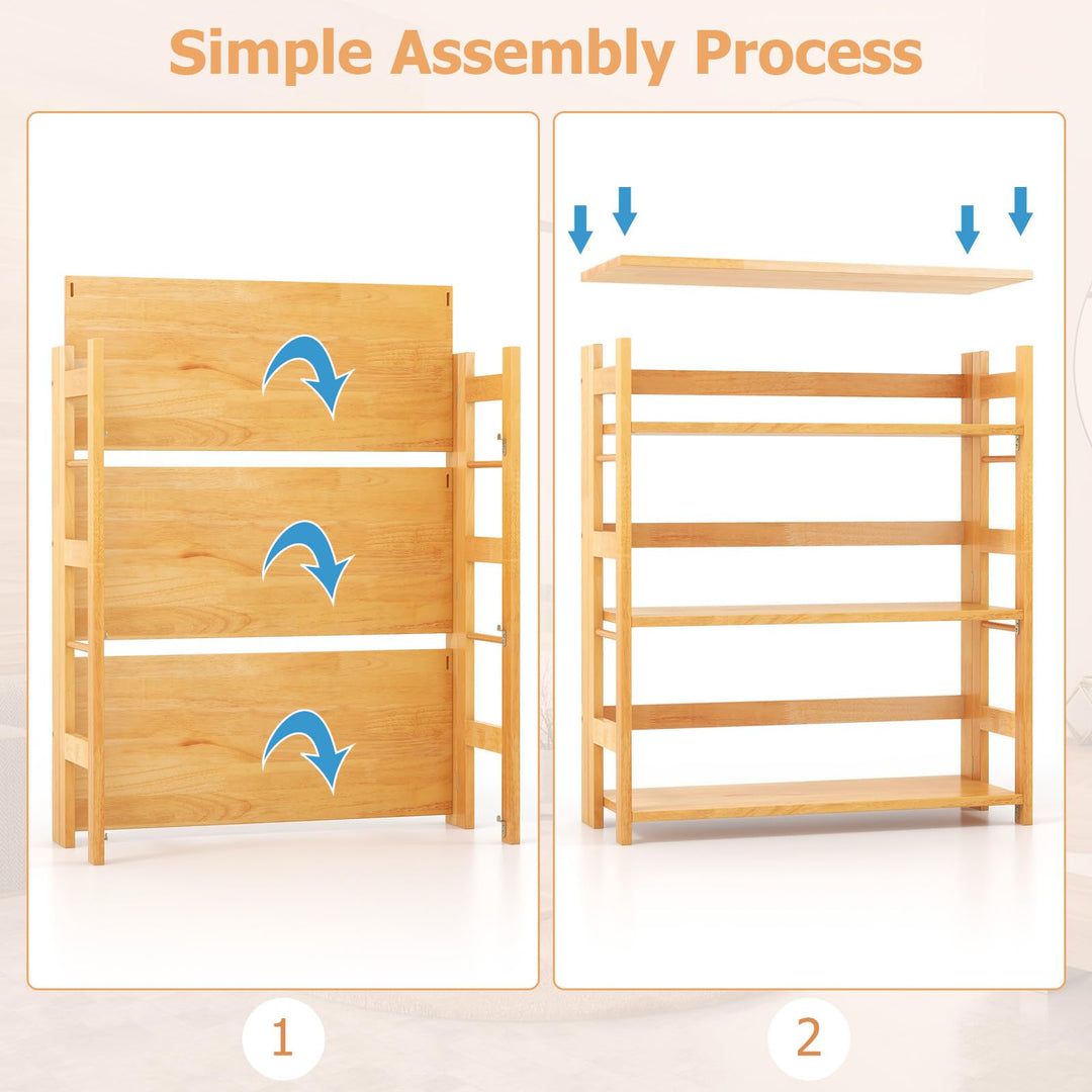 Giantex 4-Tier Bookshelf, 34.5" Floor Storage Shelf w/Rubber Wood Frame, Anti-Toppling Kits, Side Fences