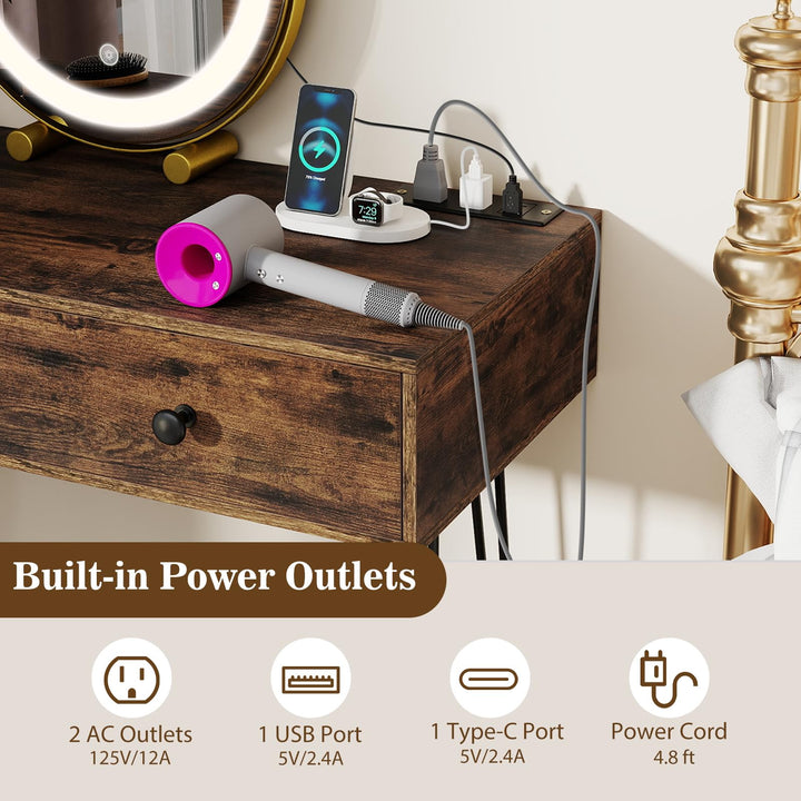 CHARMAID Vanity Desk with LED Lighted Mirror & Charging Station