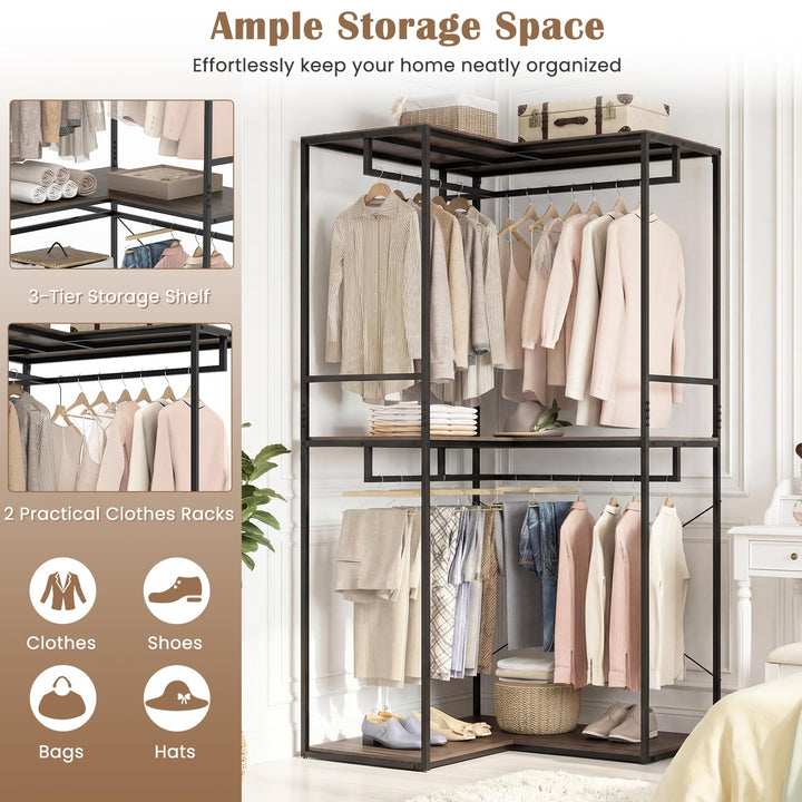 Giantex Heavy Duty Clothes Rack | 3-Tier L-Shaped Garment Rack w/3 Open Shelves &amp; 2 Hanging Racks