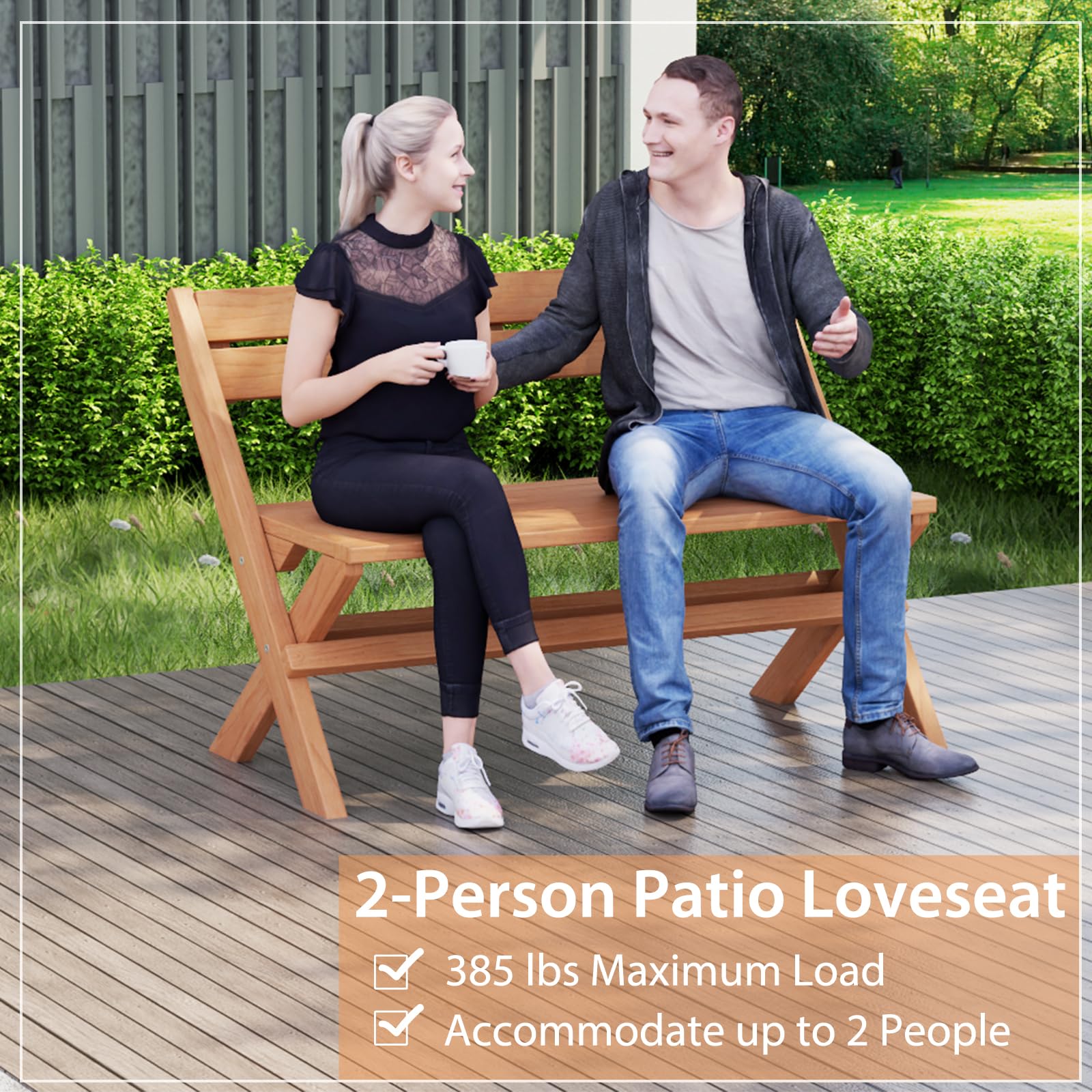 Giantex Wood Outdoor Bench Folding - 2-Person Patio Garden Bench with Solid Teak Wood Structure