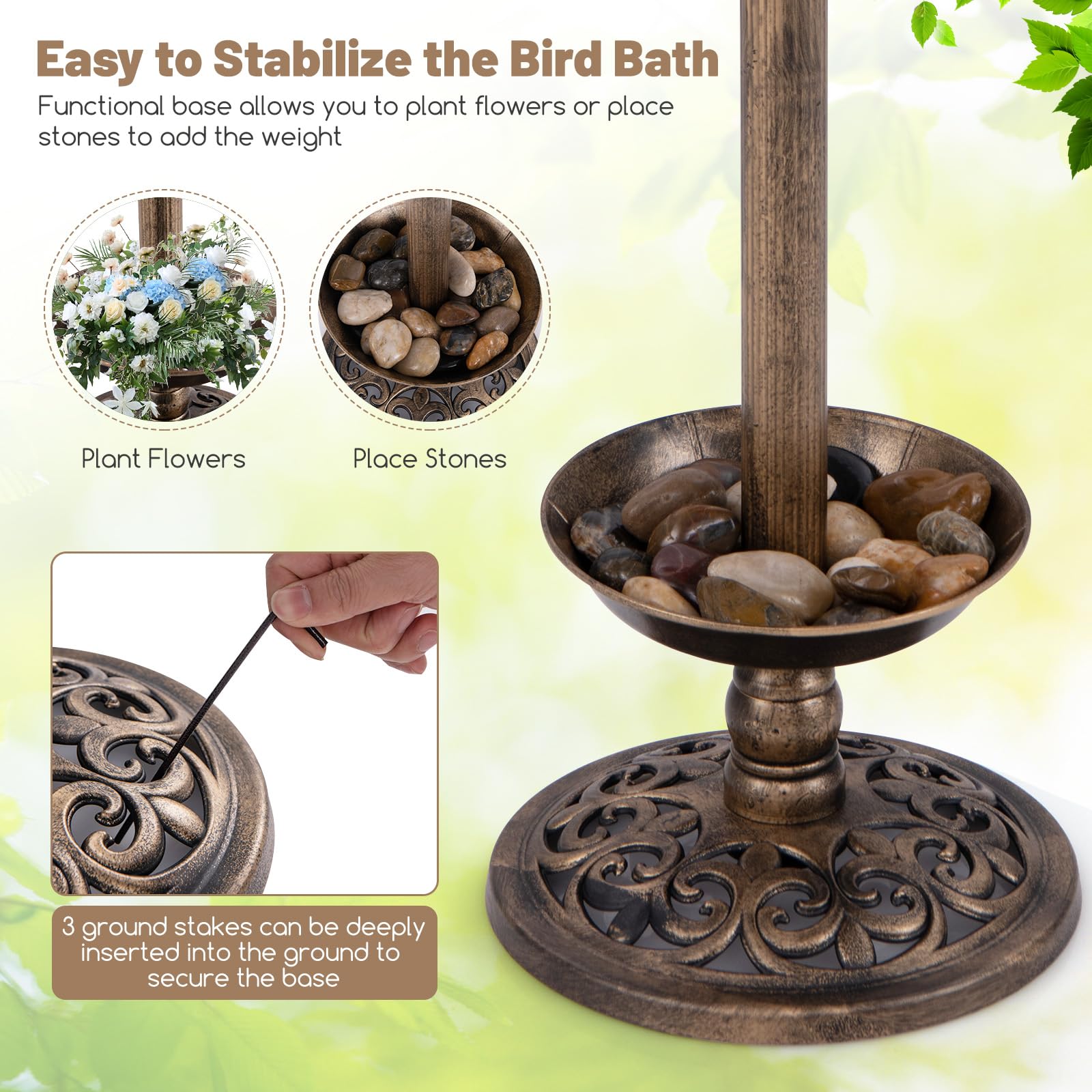 Giantex Bird Bath for Outside, 30 inch Solar Lighted Bird Bath and Feeder with Flower Planter