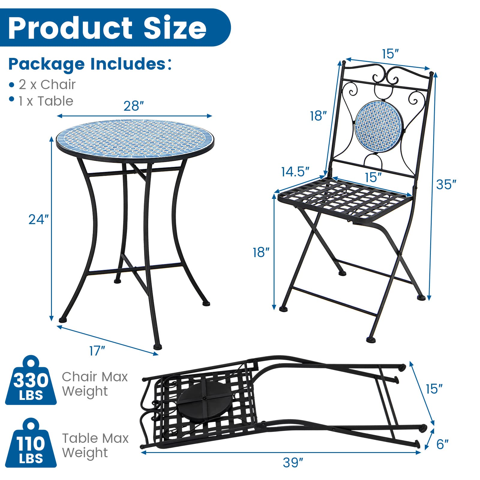 Giantex 3 Pieces Patio Bistro Set - Mosaic Round Table