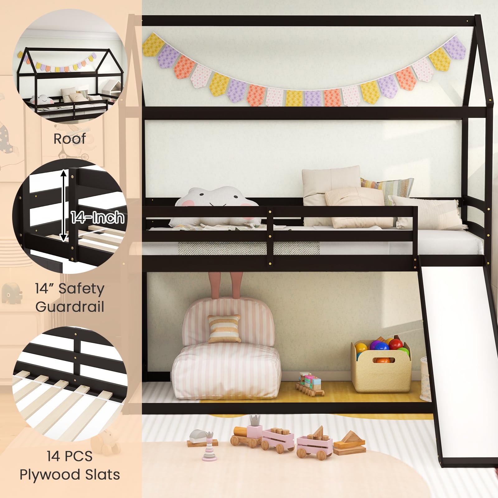 Giantex House Bunk Bed Twin Over Twin with Slide and Storage Stairs, Solid Wood Low Loft Bed Frame with Roof & Guardrail