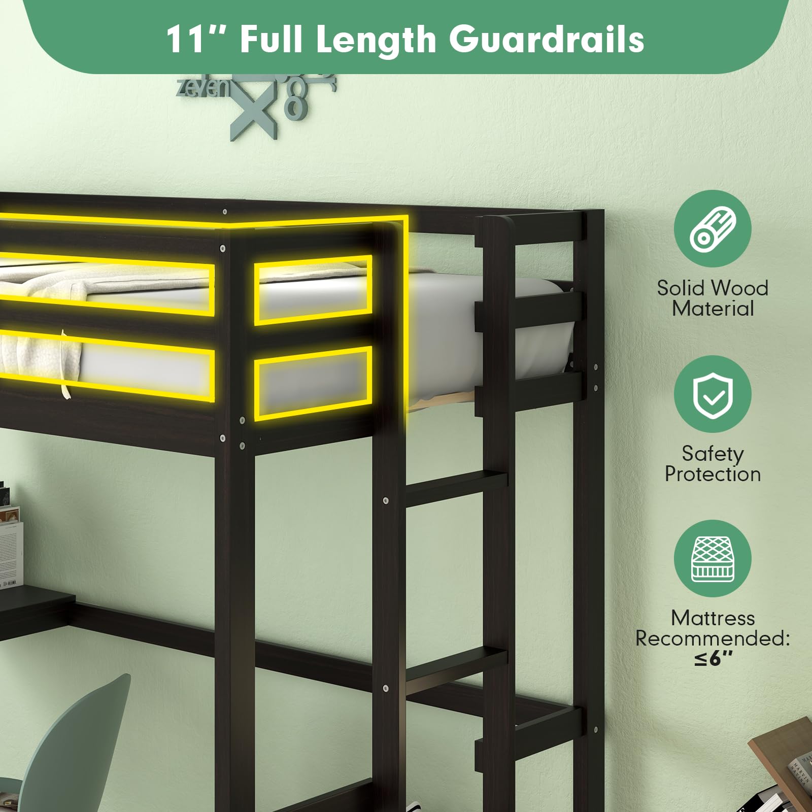 Giantex Twin Size Loft Bed with Desk, Solid Wood Loft Bed with 2 Ladders & Full Length Guardrail