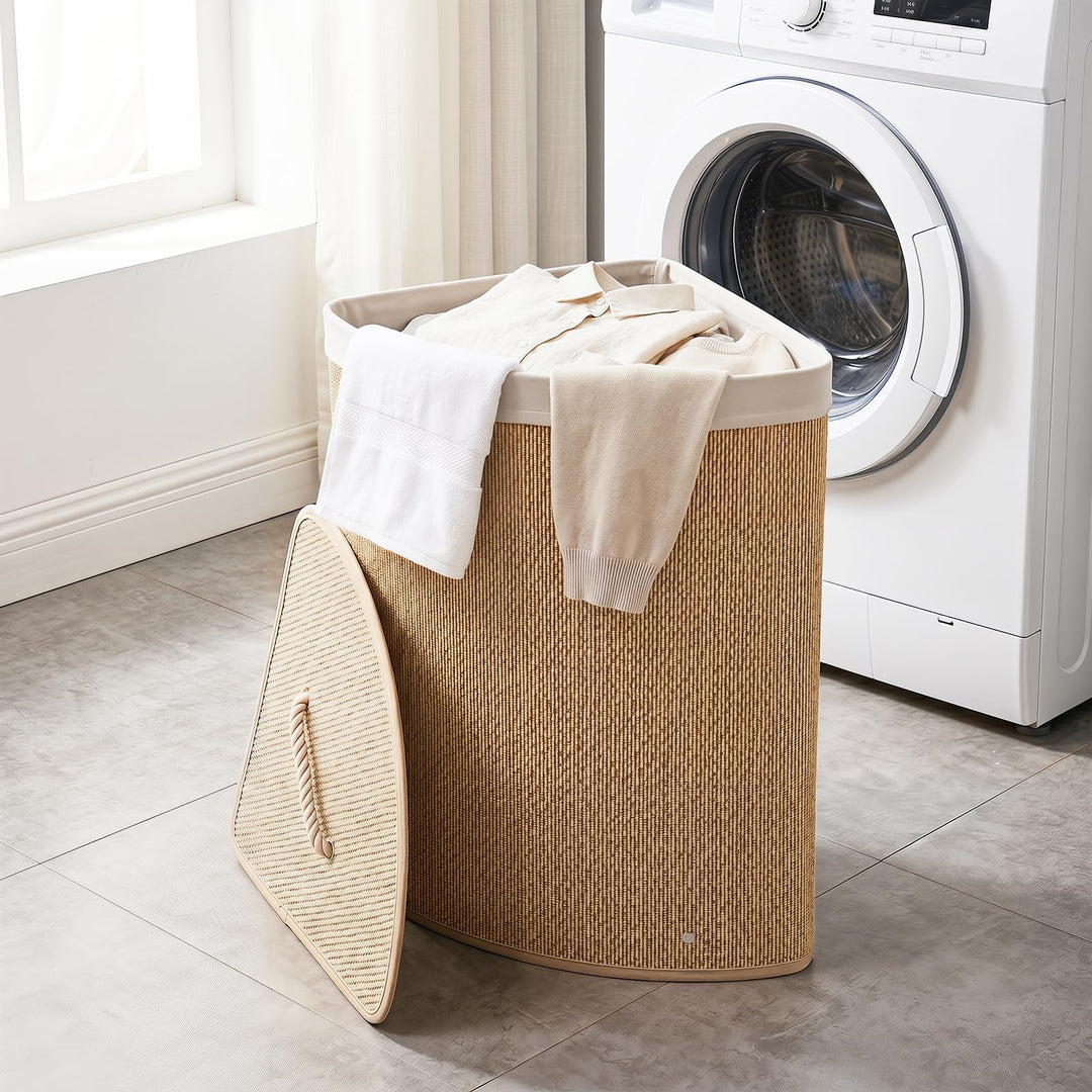 Giantex 15 Gal Bamboo Corner Laundry Hamper with Lid