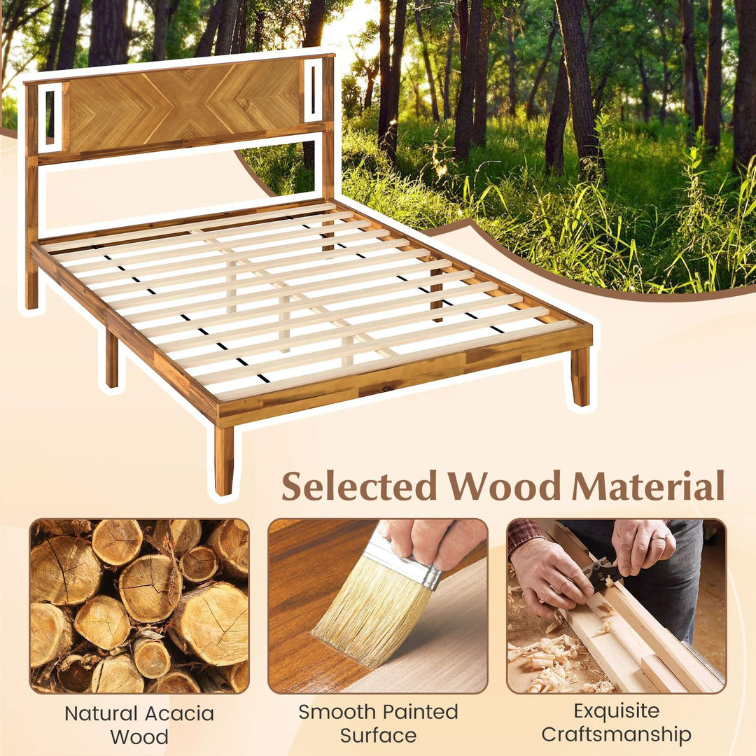 Giantex Acacia Wood Platform Bed Frame Mid-Century Modern Bed Frame with Headboard
