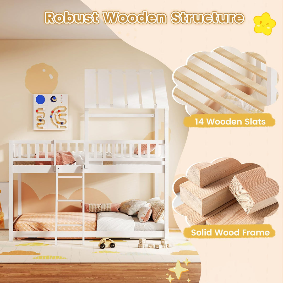 Twin Over Twin House Bunk Bed, Low Loft Bed Frame with Roof