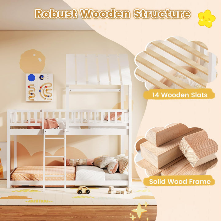 Twin Over Twin House Bunk Bed, Low Loft Bed Frame with Roof