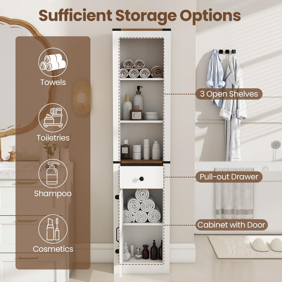 Giantex 68 inch Tall Bathroom Cabinet with Barn Door Narrow Slim Storage Organizer Unit with Drawer