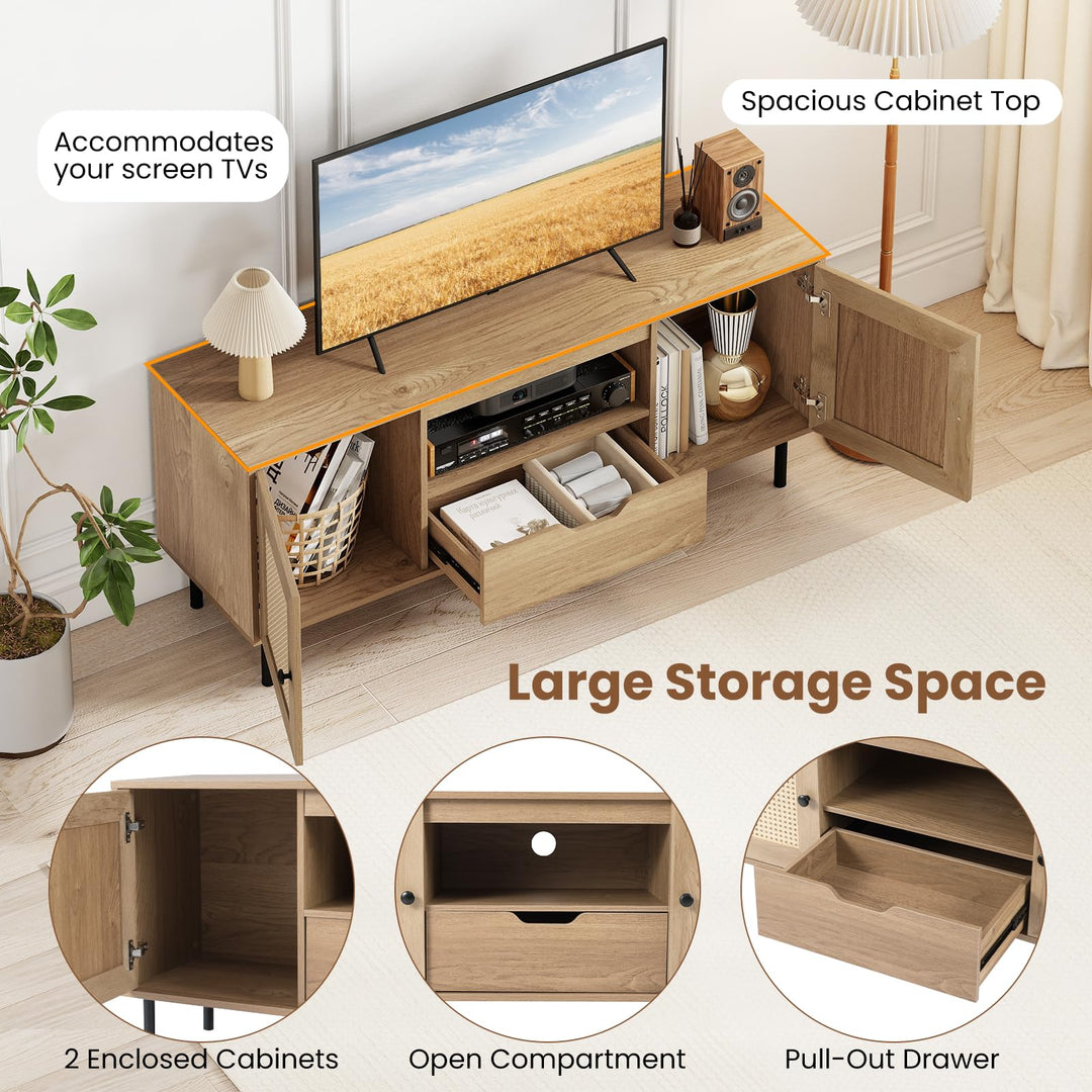 Giantex Boho TV Stand for 50-60 Inch TV with Storage Cabinets Drawer & PE Rattan Doors