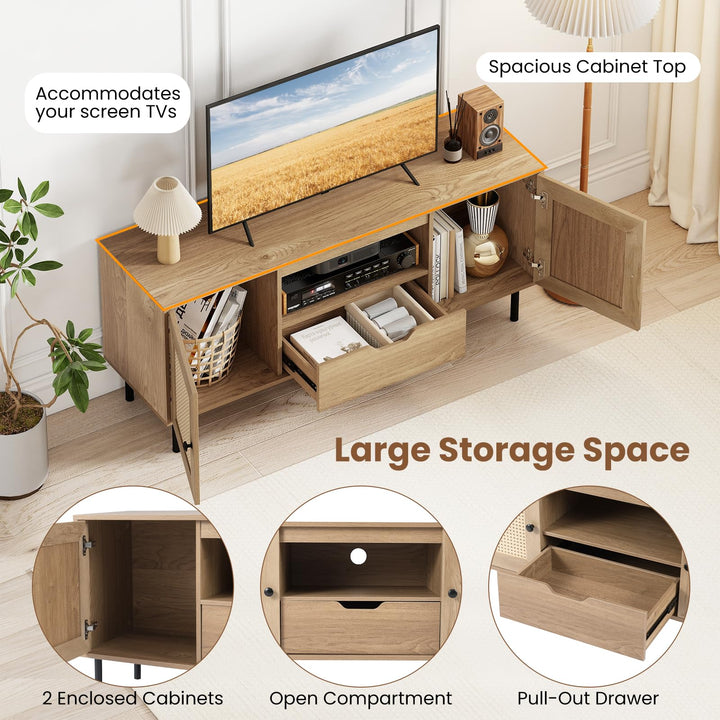 Giantex Boho TV Stand for 50-60 Inch TV with Storage Cabinets Drawer & PE Rattan Doors