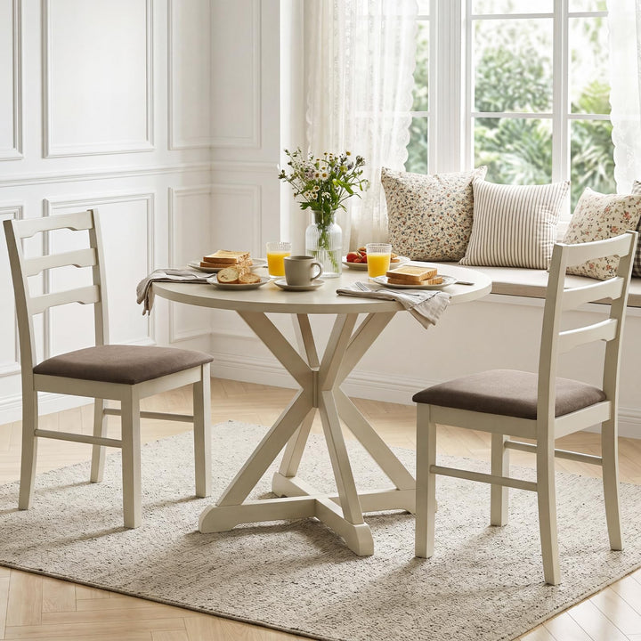 Giantex Wood Farmhouse Upholstered Kitchen Chairs with Ladder Back Design (2/4)