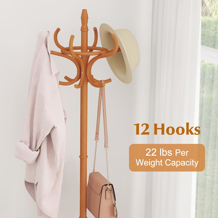 Giantex Solid Wood Coat Rack, Freestanding Hall Tree w/12 Hooks, Umbrella Holder, Entryway Hanger Stand for Coat