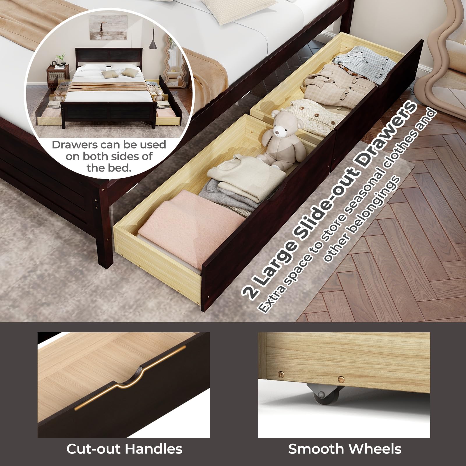 Giantex Wood Full Size Bed Frame with 2 Storage Drawers, Solid Wood Platform Bed with Headboard