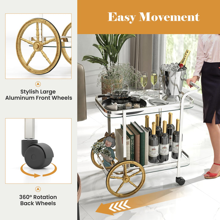 Giantex 2-Tier Bar Cart, Stylish Rolling Serving Cart w/Tempered Glass Shelves