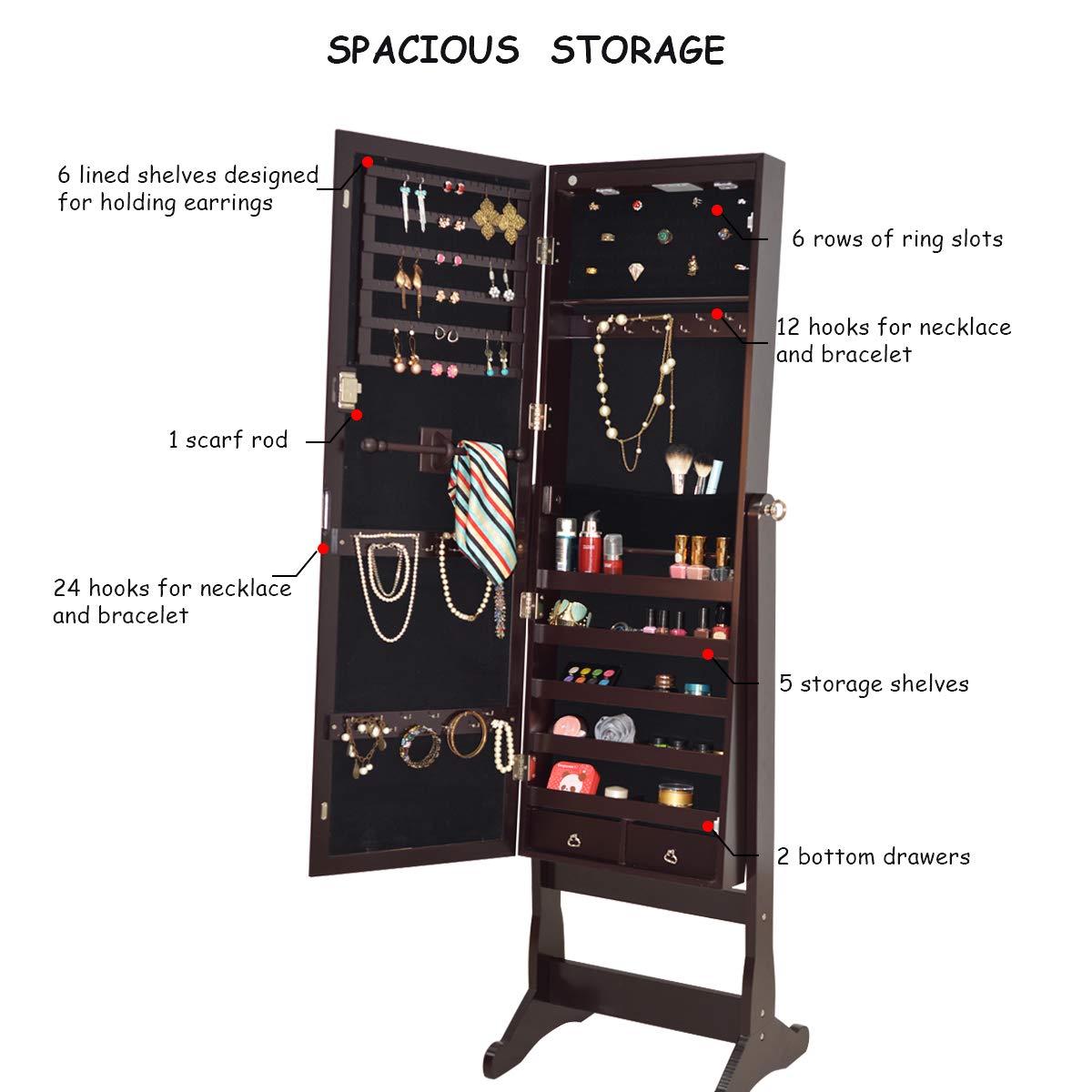 Giantex 57.5"H 2 LEDs Standing Jewelry Cabinet with Full Length Mirror with 2 Drawers, 4 Adjustable Angles, Jewelry Storage Organizer