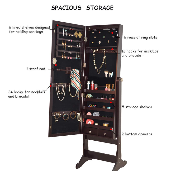 Giantex 57.5"H 2 LEDs Standing Jewelry Cabinet with Full Length Mirror with 2 Drawers, 4 Adjustable Angles, Jewelry Storage Organizer