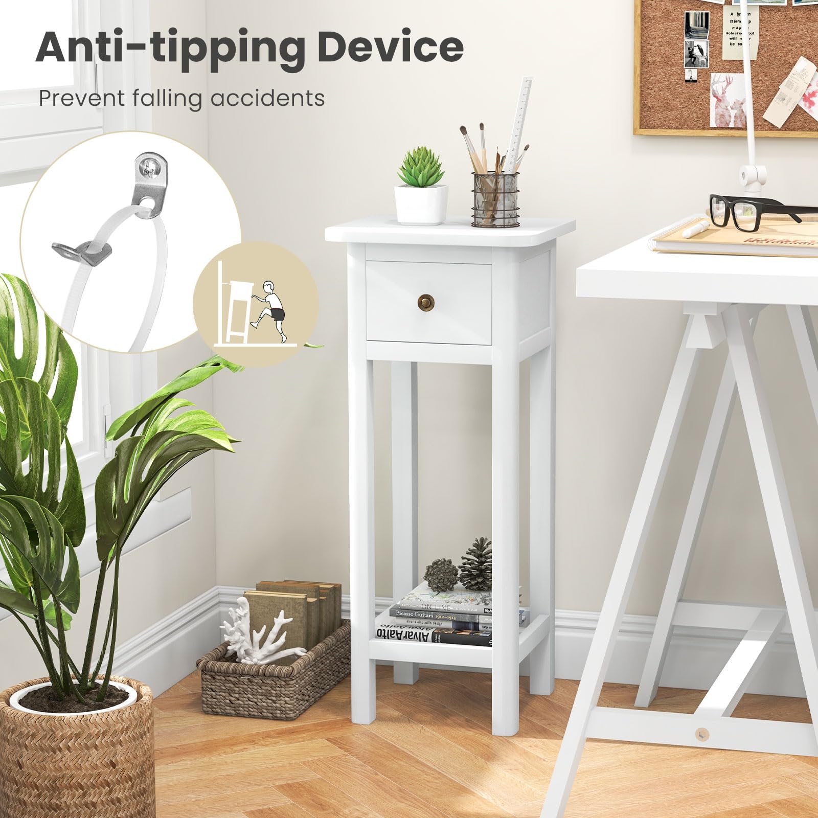 Giantex Narrow End Table with Drawer, Tall Acacia Wood Side Table with Bottom Shelf, Modern Bedside Tables