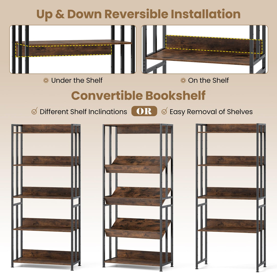 Giantex 5-Tier Bookshelf, 62" Tall Bookcase w/Tiltable Shelves, Metal Frame, Convertible Display Storage Rack