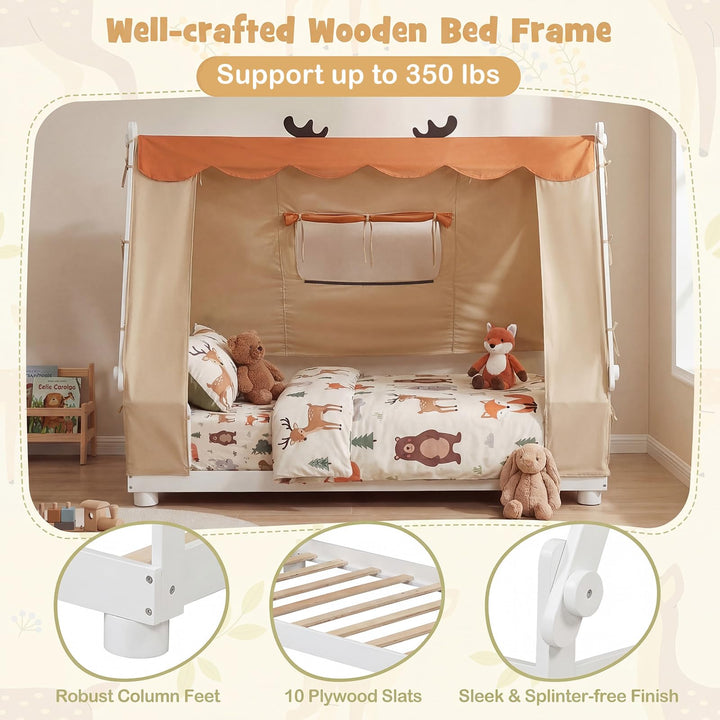 Giantex Twin Size House Floor Wood Bed with Tent