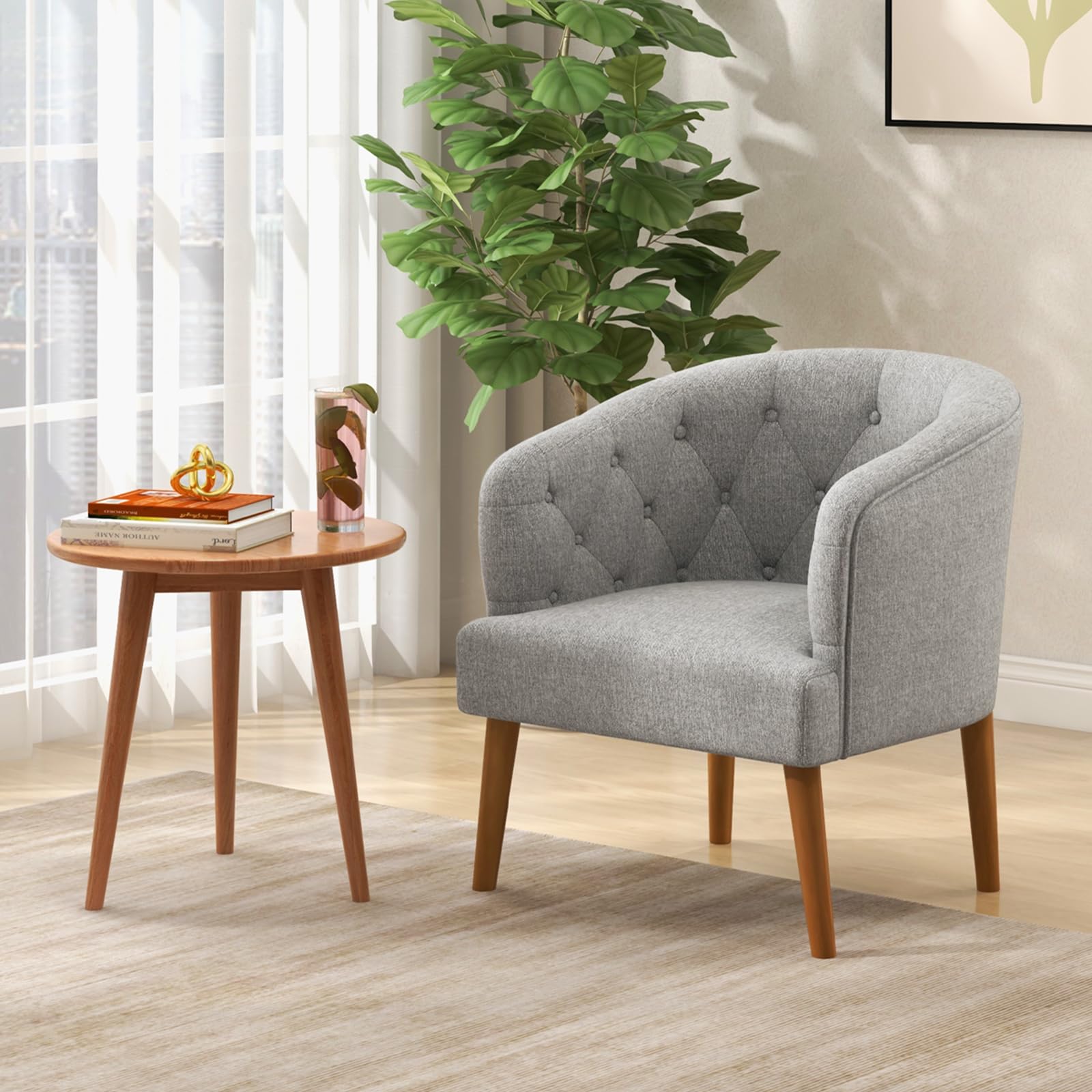 Giantex Tufted Accent Chair Set of 2 Grey, Upholstered Accent Armchair with Rubber Wood Legs