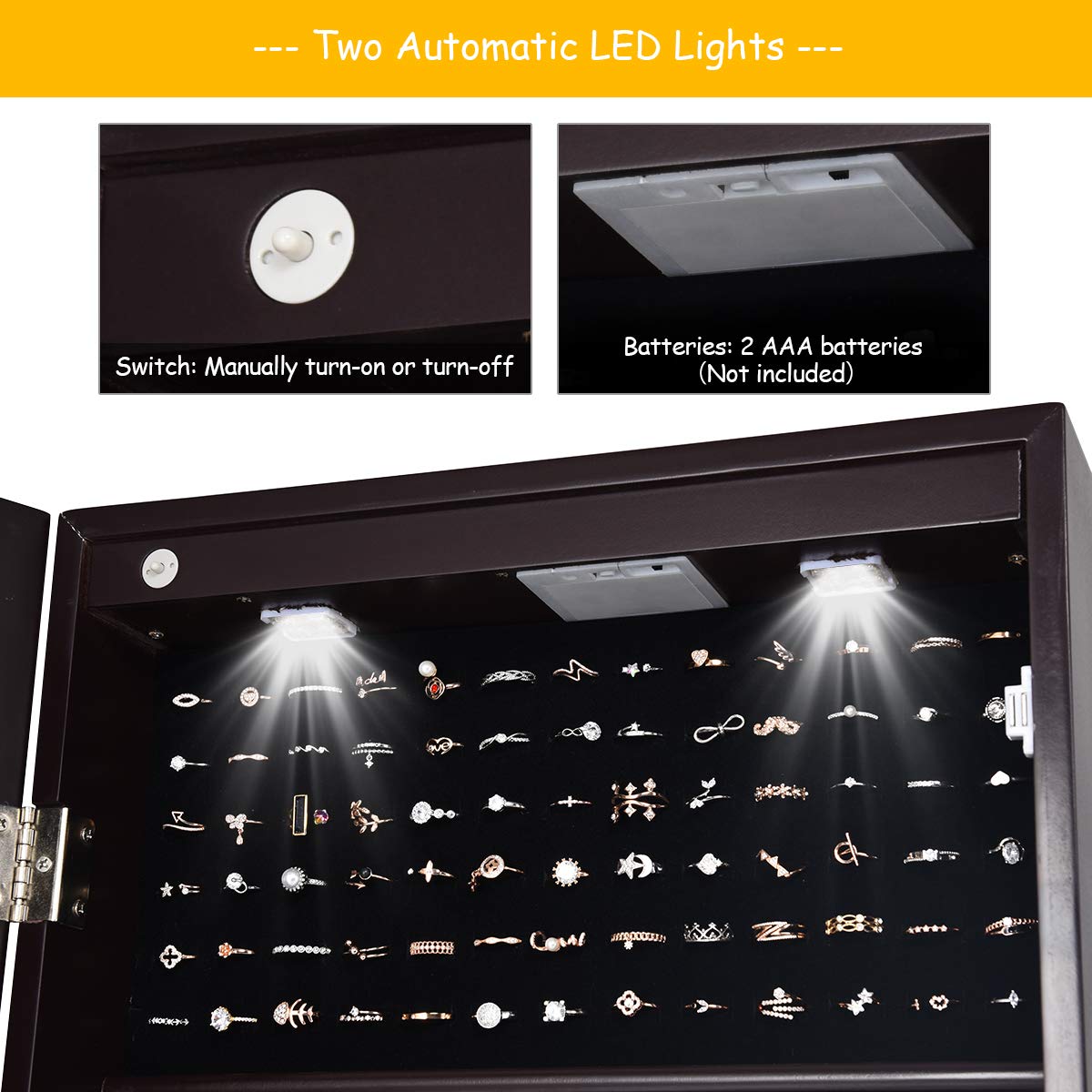 CHARMAID 2 LEDs Standing Jewelry Cabinet with Full Length Mirror