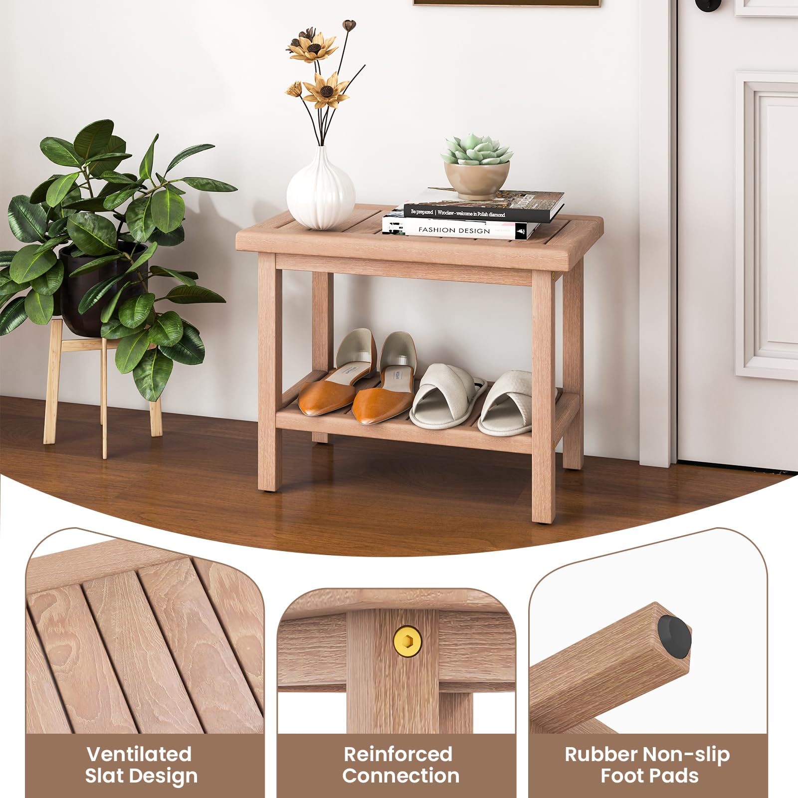 Giantex Teak Shower Bench, 21" Waterproof Spa Bath Seat with Storage Shelf and Non-Slip Foot Pads