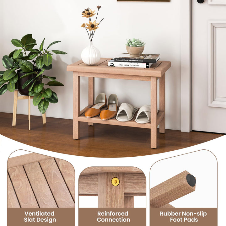Giantex Teak Shower Bench, 21" Waterproof Spa Bath Seat with Storage Shelf and Non-Slip Foot Pads