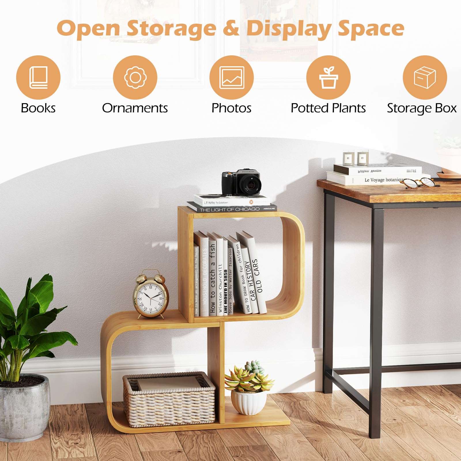 Giantex S-Shaped Bookcase, 2-Tier Bamboo Bookshelf with 2 Open Cubes, Geometric Corner Display Shelf