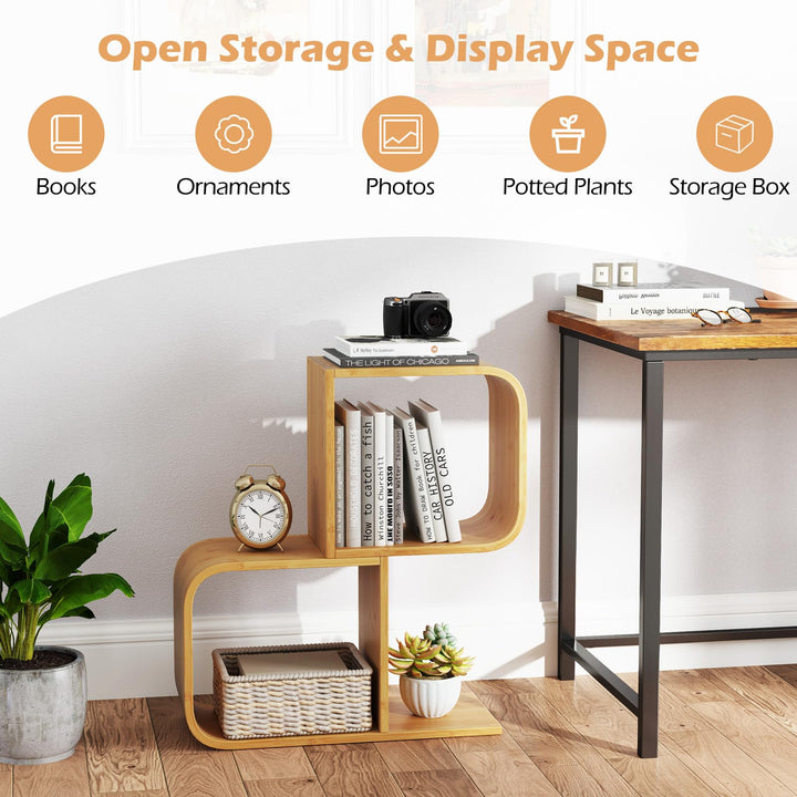 Giantex S-Shaped Bookcase, 2-Tier Bamboo Bookshelf with 2 Open Cubes, Geometric Corner Display Shelf