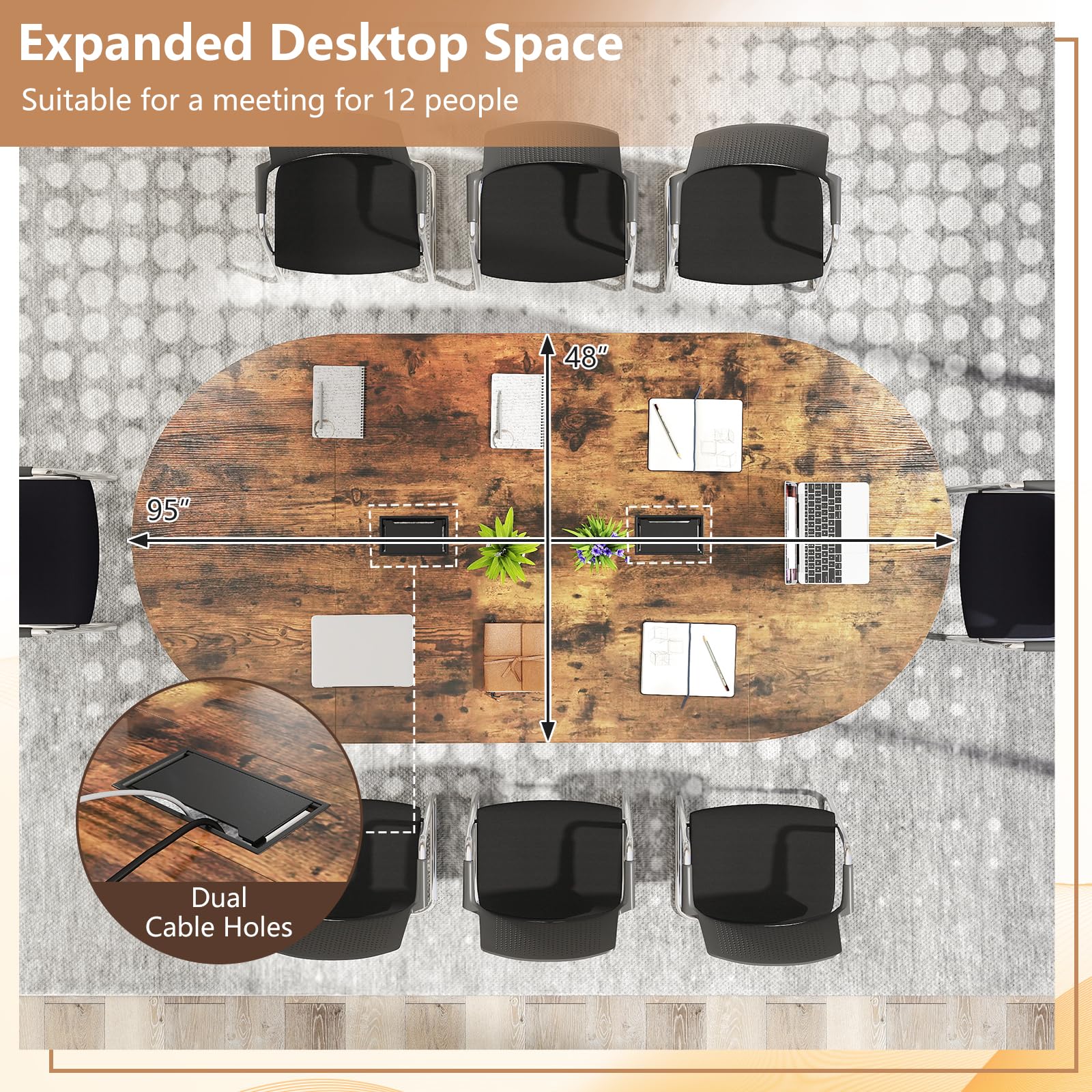 Giantex Large Oval Meeting Table for 10 to 12 People with Dual Cable Holes and Metal Legs