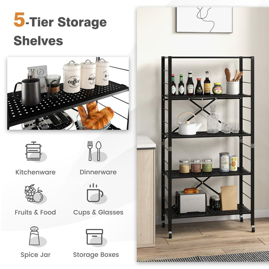 Giantex 5-Tier Folding Bookshelf with Wheels of 1/2, 60" Tall Foldable Metal Shelves for Storage