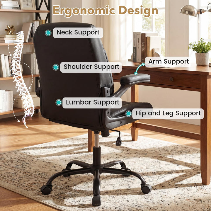 Giantex Leather Office Chair | Ergonomic Computer Desk Chair with Flip-up Arms
