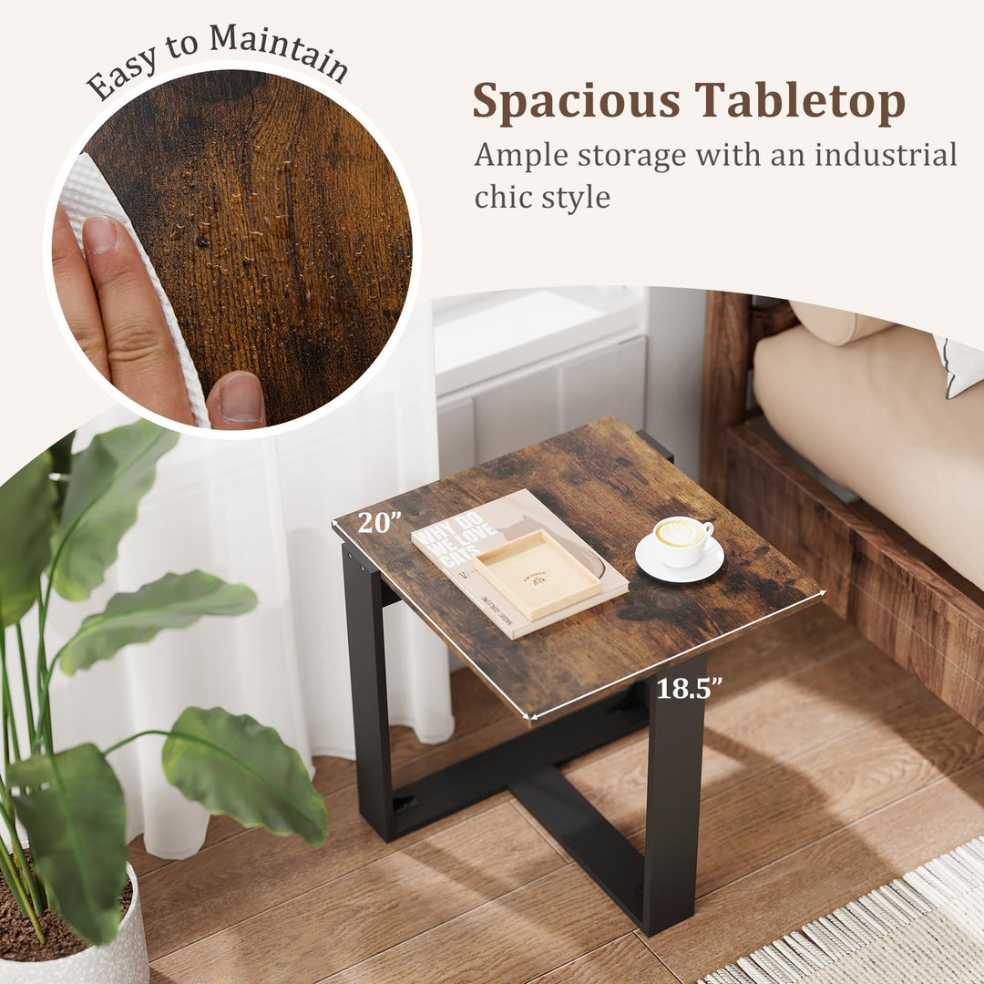 Giantex Rustic Brown Square Industrial Side Table w/T-Shape Metal Frame