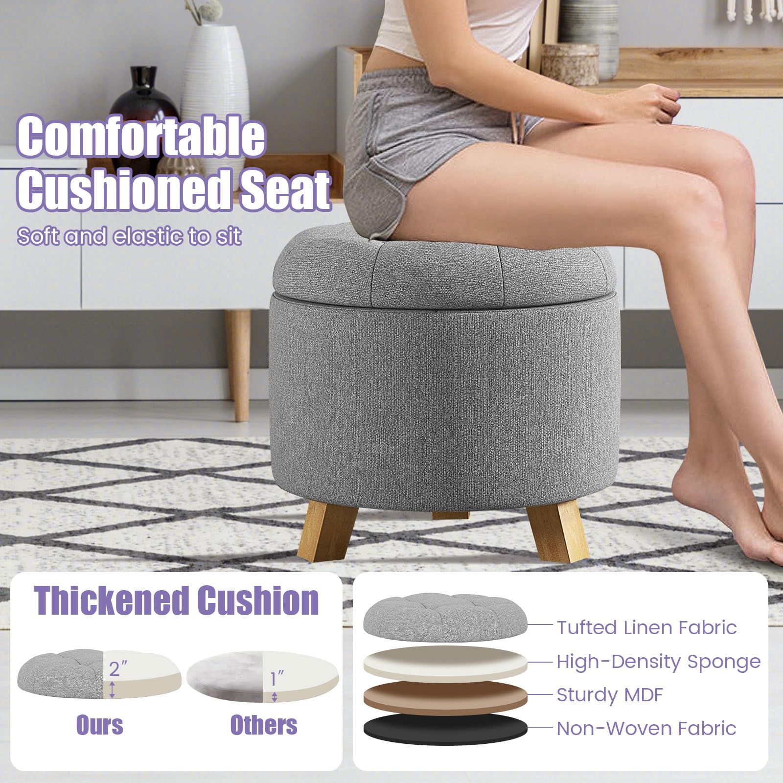 Giantex Storage Ottoman Foot Rest - Upholstered Round Tufted Vanity Stool with Solid Wood Feet (Gray)