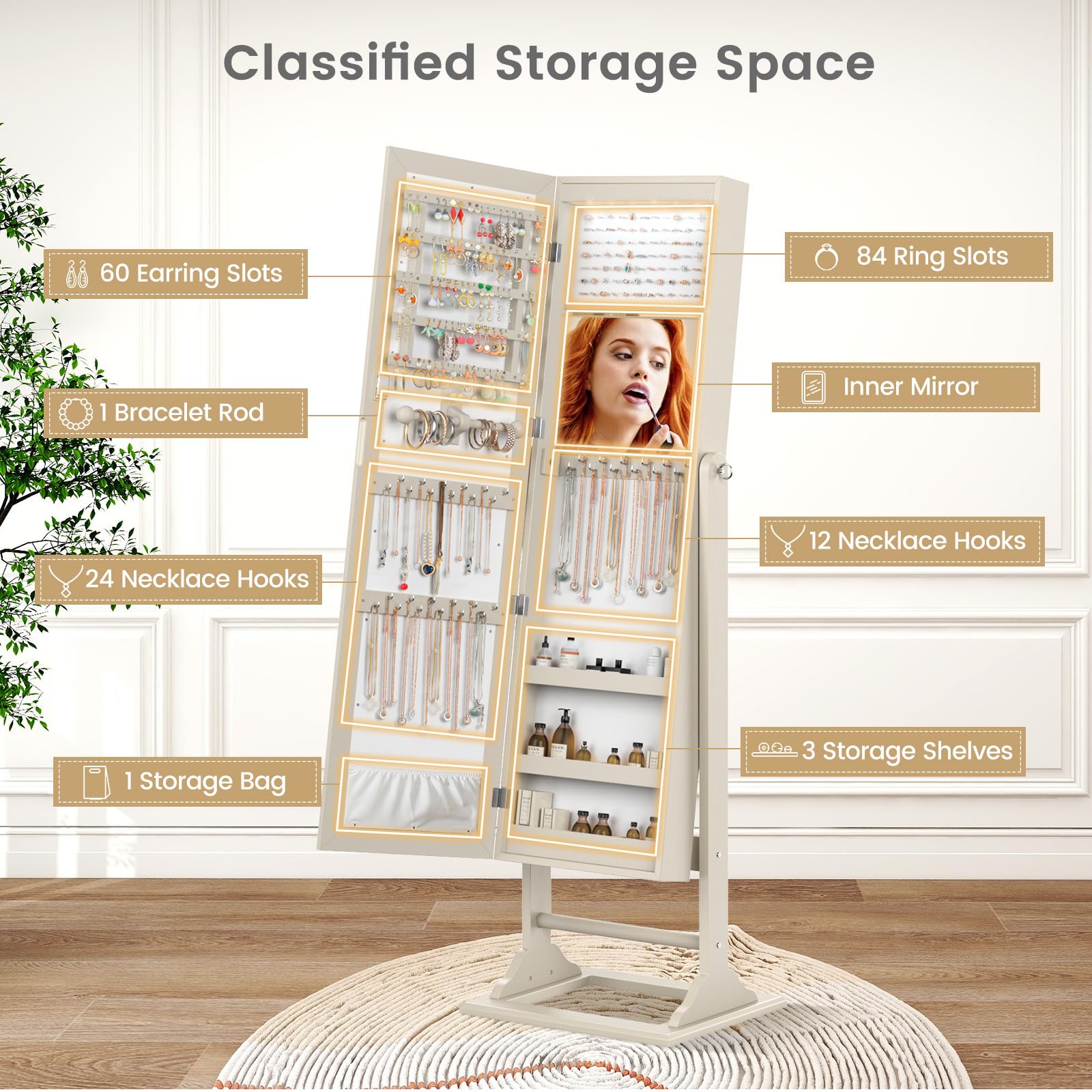 CHARMAID Jewelry Armoire with Full Length Mirror, Lockable Jewelry Cabinet with Large Jewelry Storage, 6 LED Lights, Inner Makeup Mirror