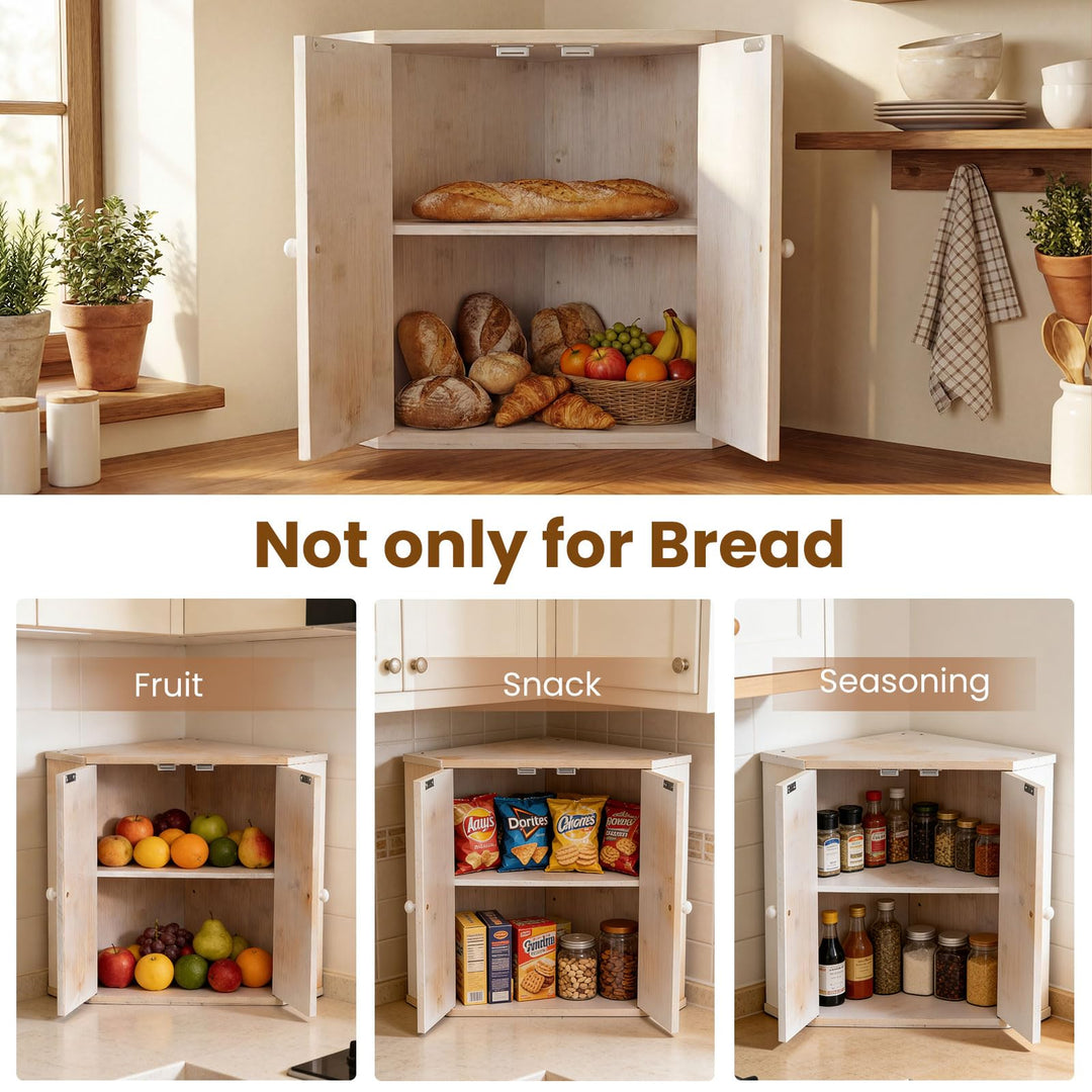 Giantex Corner Bread Box for Kitchen Countertop | Bamboo Wood Storage Bin with 2-Tier Pantry Shelves