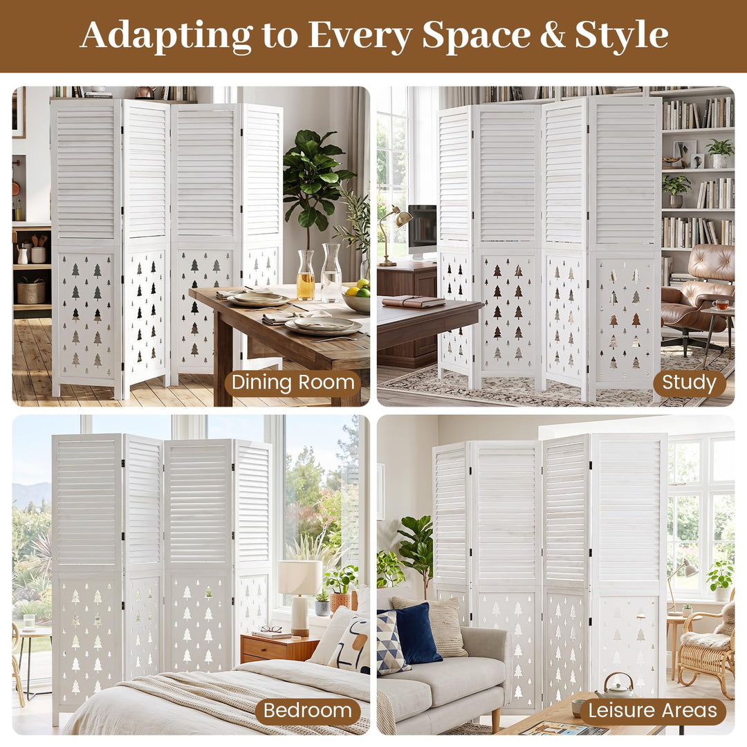GIANTEX 4 Panel Folding Room Divider with Louvered Slats &amp; Pine Tree Cutout