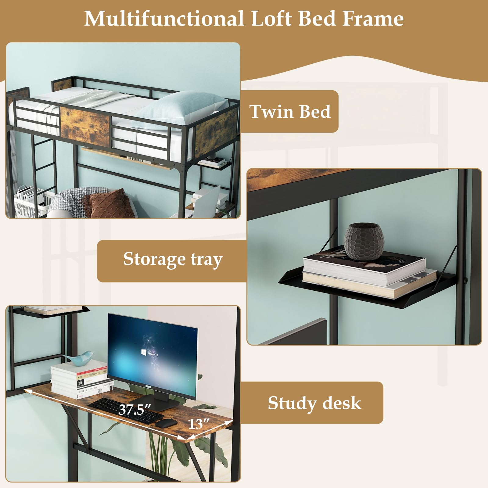Metal Twin Loft Bed with Desk and Storage Shelf - Giantex