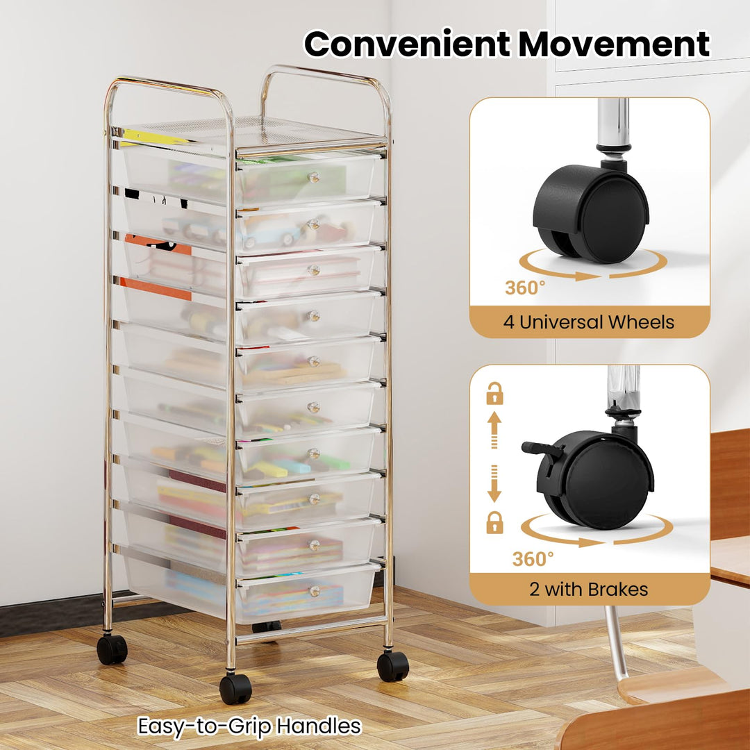 Giantex 10-Drawer Rolling Storage Cart with Metal Frame and Lockable Universal Wheels