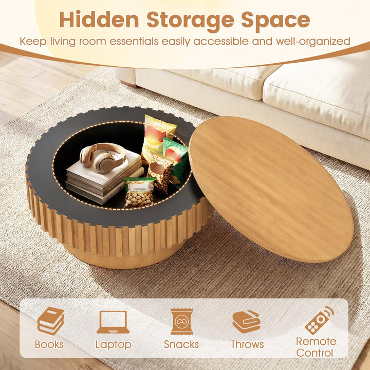 Giantex Round Coffee Table with Storage | Modern Drum Fluted Center Table with Solid Wood Veneered