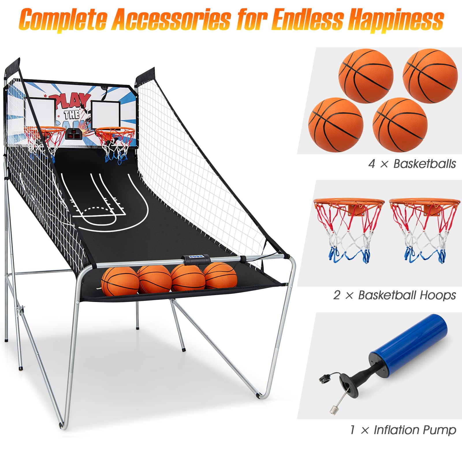 Foldable Basketball Arcade Game, 8 Game Options, Electronic Double Shot 2 Player w/ 4 Balls and LED Scoring System