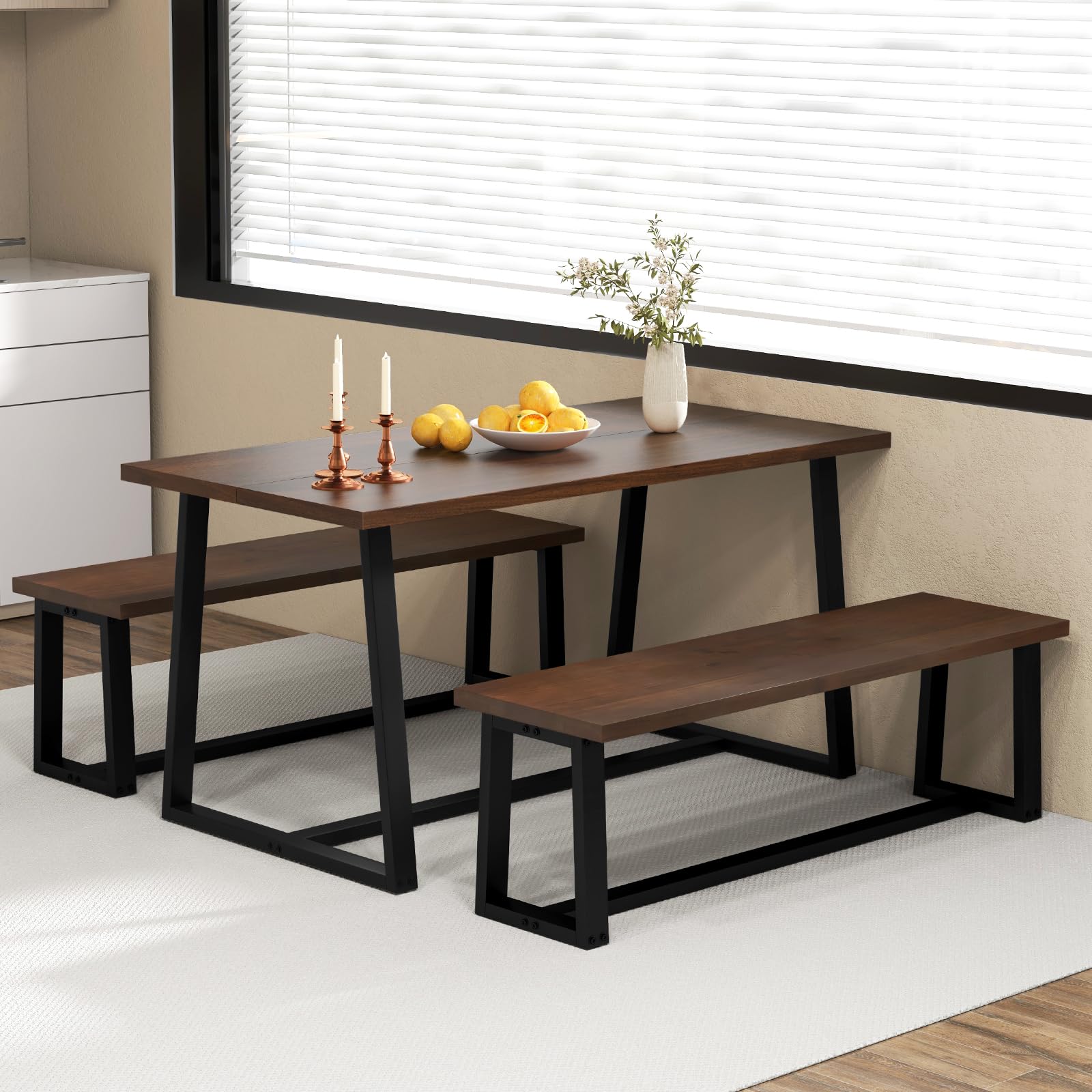 Giantex Dining Table Set for 4, 63” Table and 56.5” Benches Set for 4-6 People with Metal Frame