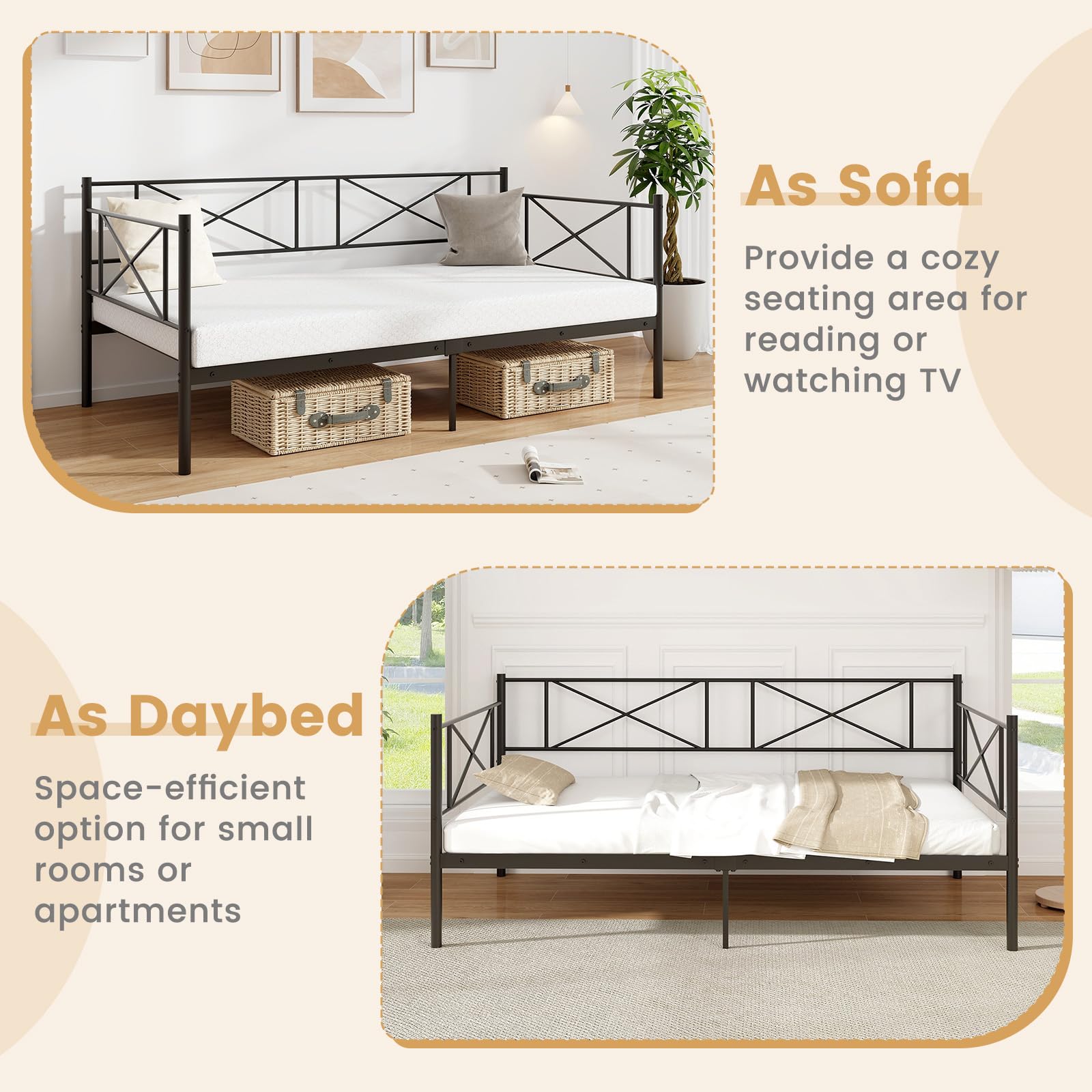 Giantex Twin Size Daybed Frame, Metal Sofa Bed w/Heavy Duty Steel Slats Support