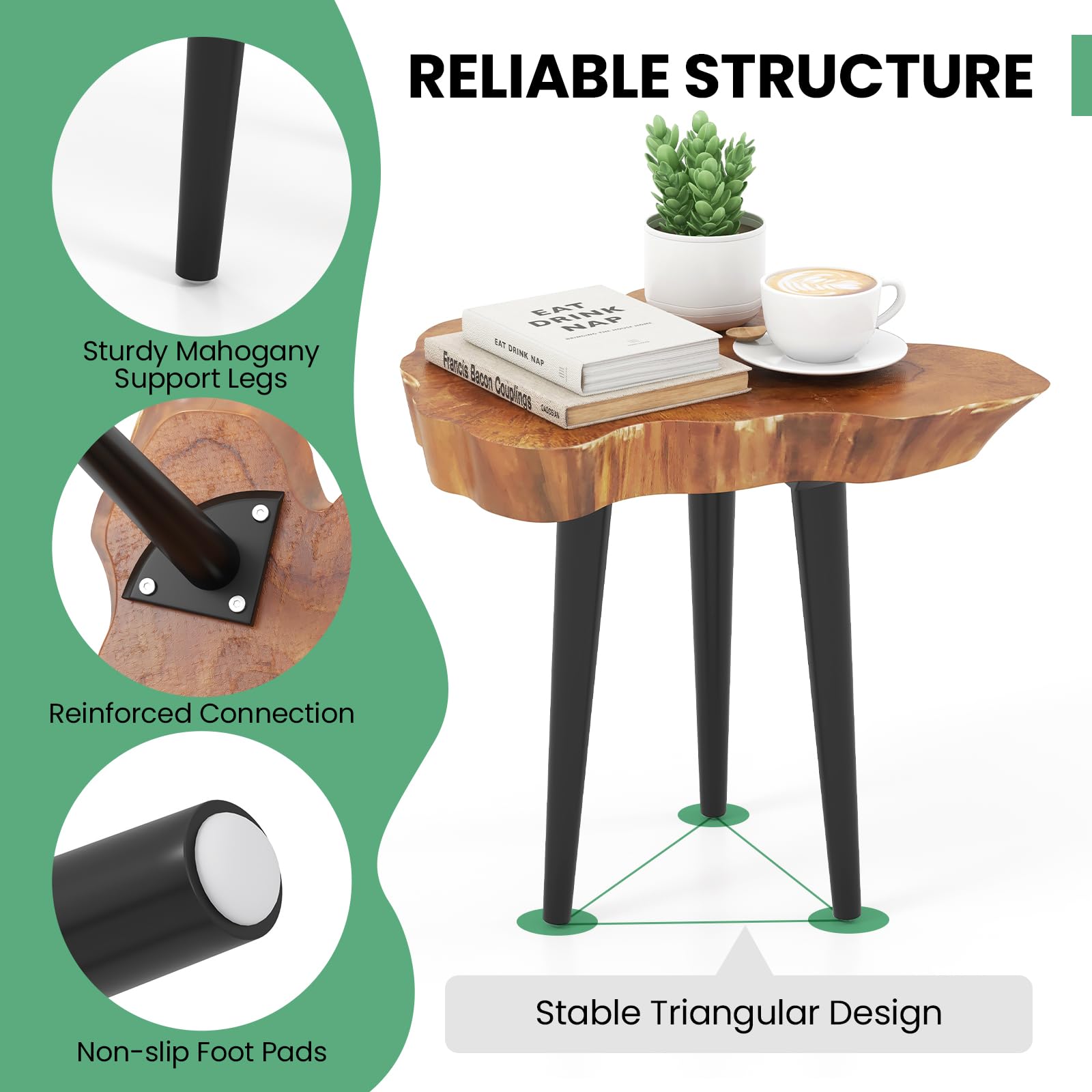 Giantex Teak Wood Outdoor Side Table - 18” End Table with Solid Live Edge, Irregular Tabletop, Mahogany Tapered Legs