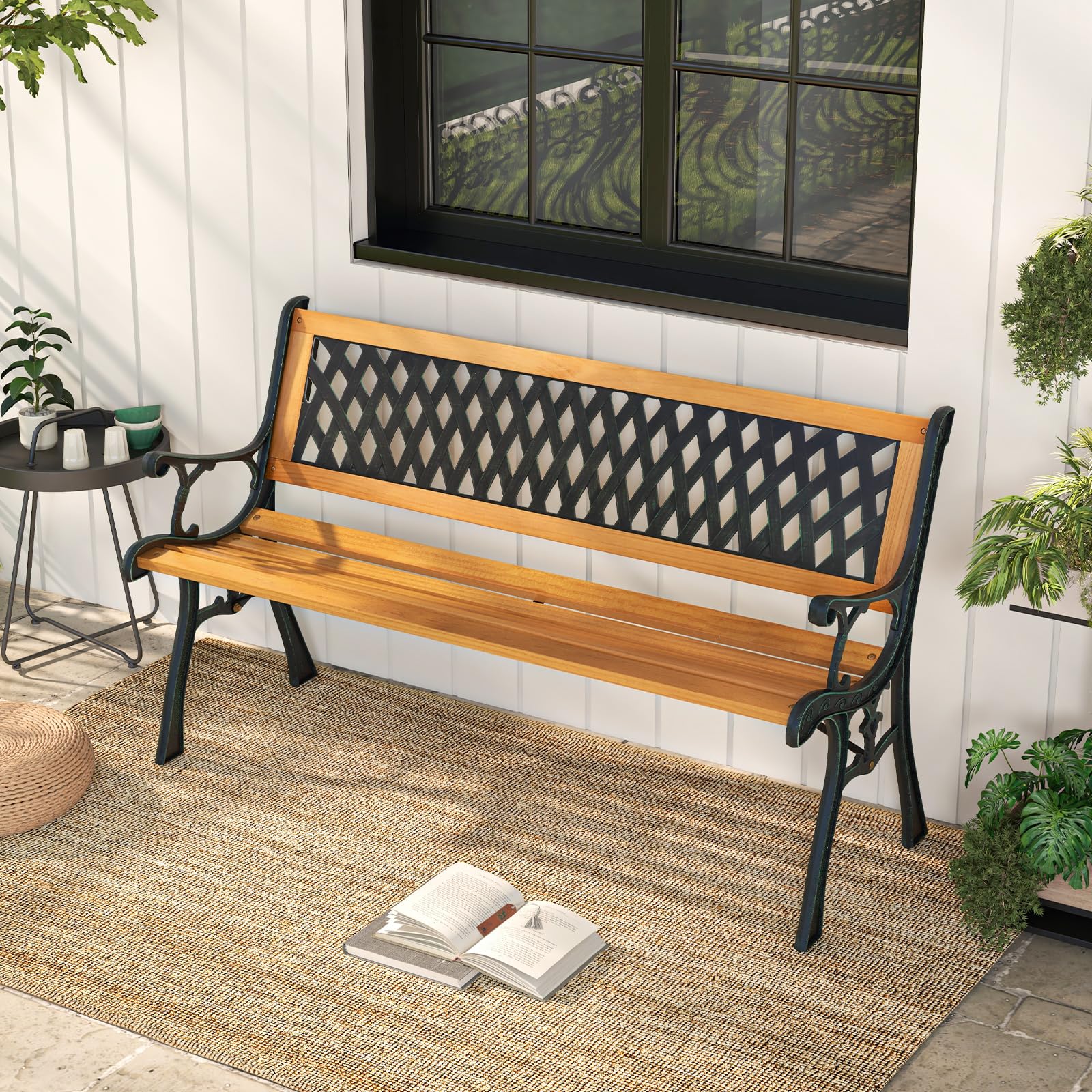 Giantex Outdoor Bench, 3-Person Garden Bench with Slatted Seat, Curved Armrests, 470 Lbs Capacity