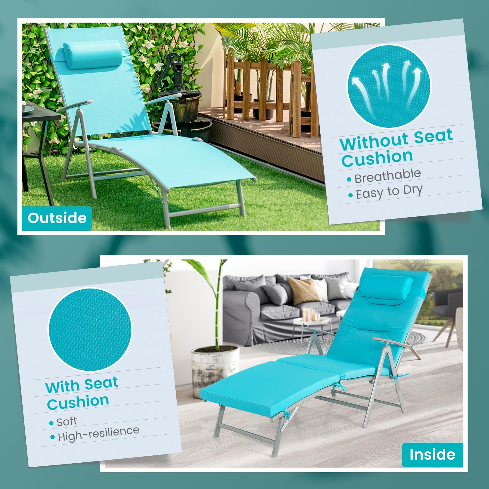 Giantex Folding Chaise Lounge Chair - Outdoor Reclining Chair with Removable Seat Cushion, Headrest Pillow