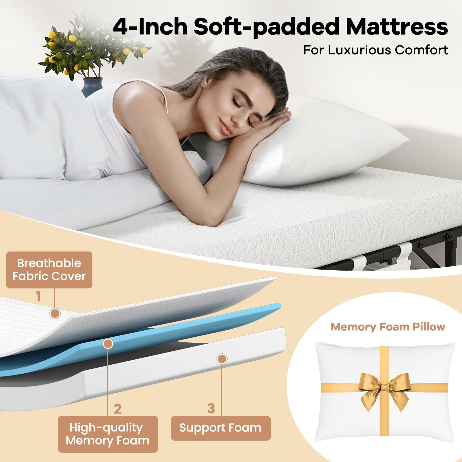 Giantex Folding Bed with Mattress and Top Pillow, Cot Portable Guest Bed w/Metal Frame, 75" x 31"